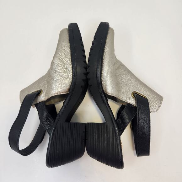 Fly London Wena Silver Black Leather Slingback Sandal Size 38 US 7.5 Peep Toe - Picture 7 of 8
